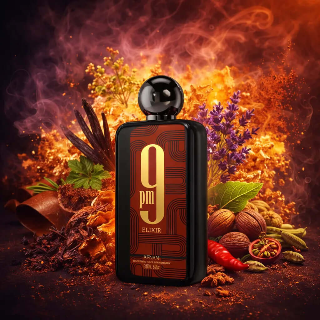 AFNAN  9 PM ELIXIR Extrait de Parfum Unisex Woody Leathery When intensity becomes art. Afnan 9 PM Elixir is a bold woody–leathery extrait designed