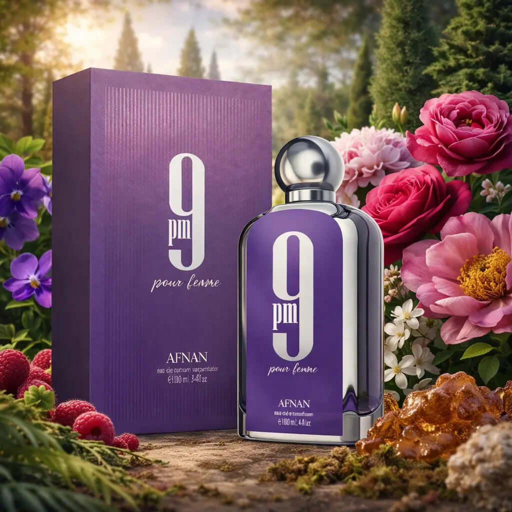 AFNAN 9 PM POUR FEMME Women | Oriental • Floral When the clock strikes 9 PM, the atmosphere changes.9 PM Pour Femme is a radiant oriental–floral fragrance