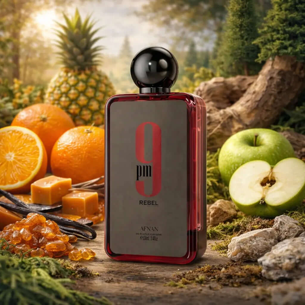 AFNAN 9 PM REBEL Perfume bottle labeled '9 pm Rebel' surrounded by fruits and nature elements, Afnan
