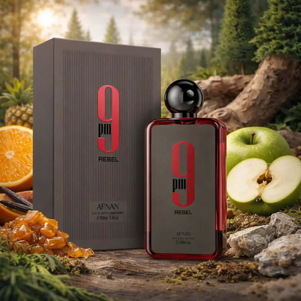 AFNAN 9 PM REBEL Perfume bottle labeled '9 pm Rebel' surrounded by fruits and nature elements, Afnan