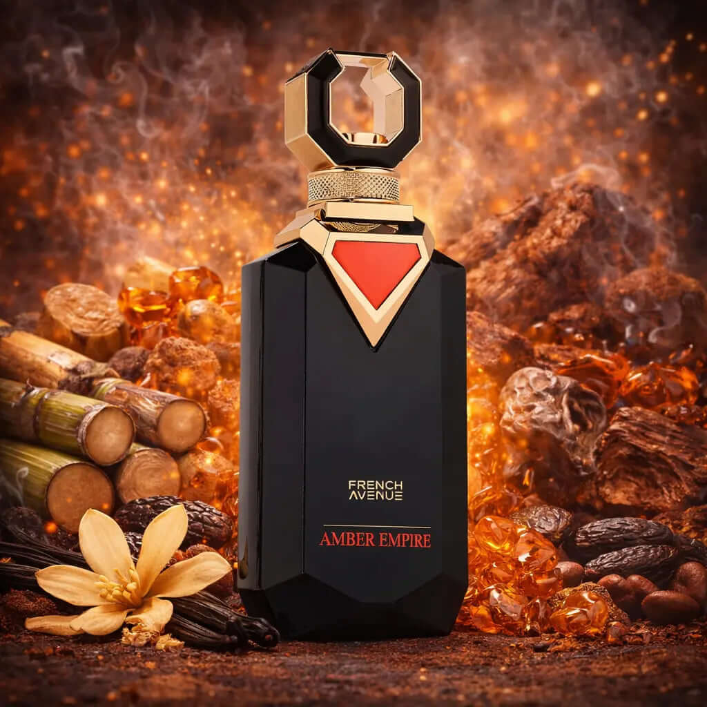 FRENCH AVENUE Amber Empire Perfume bottle with gold cap and black body on a textured brown background, Amber Empire French Avenue