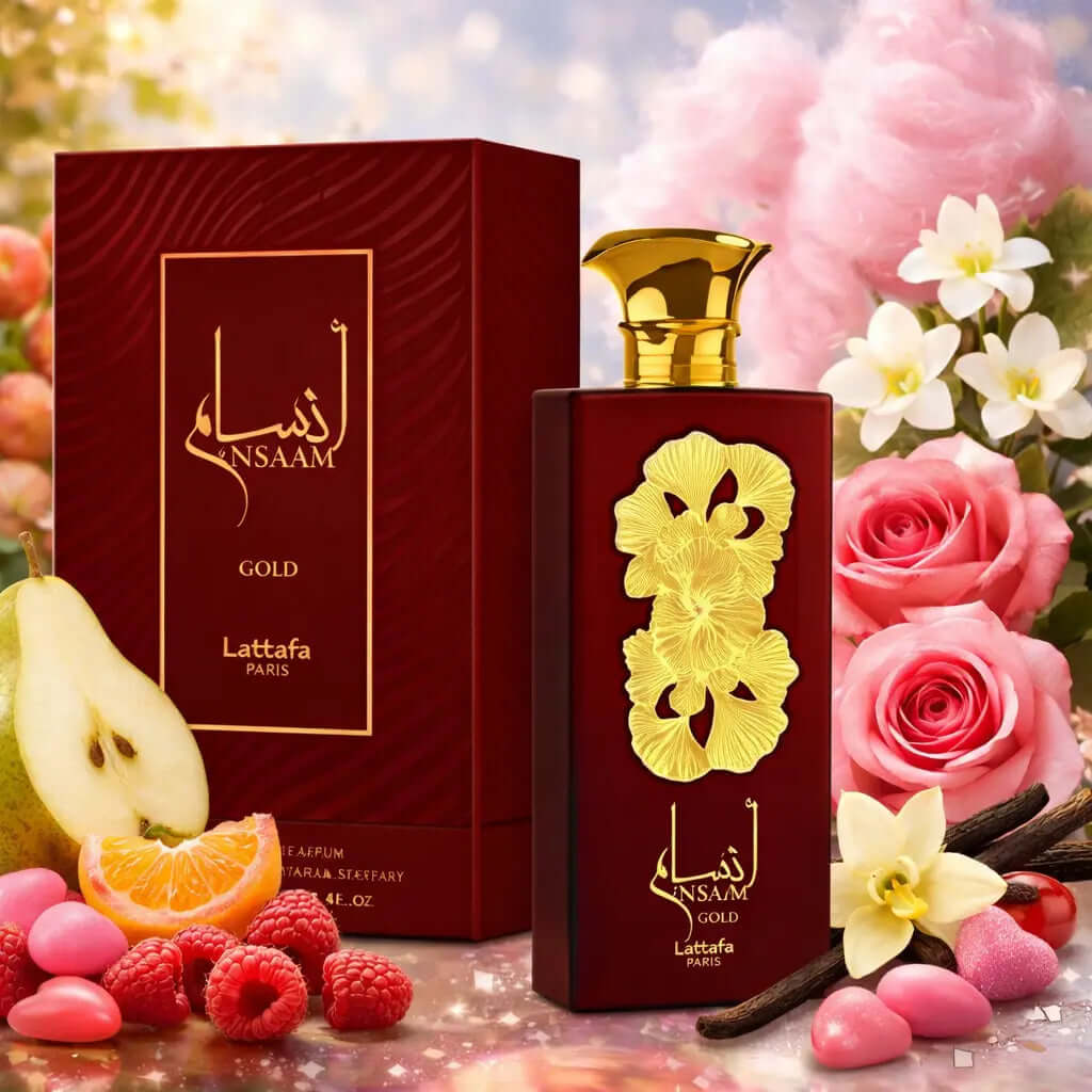 LATTAFA ANSAAM GOLD Lattafa perfume bottle and packaging with flowers and fruits on a decorative background, Ansaam Gold Lattafa Pride