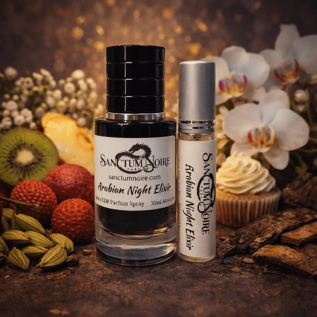 Arabian Night Elixir by Sanctum Noire, featuring floral-fruity notes with tropical fruits and creamy florals.
