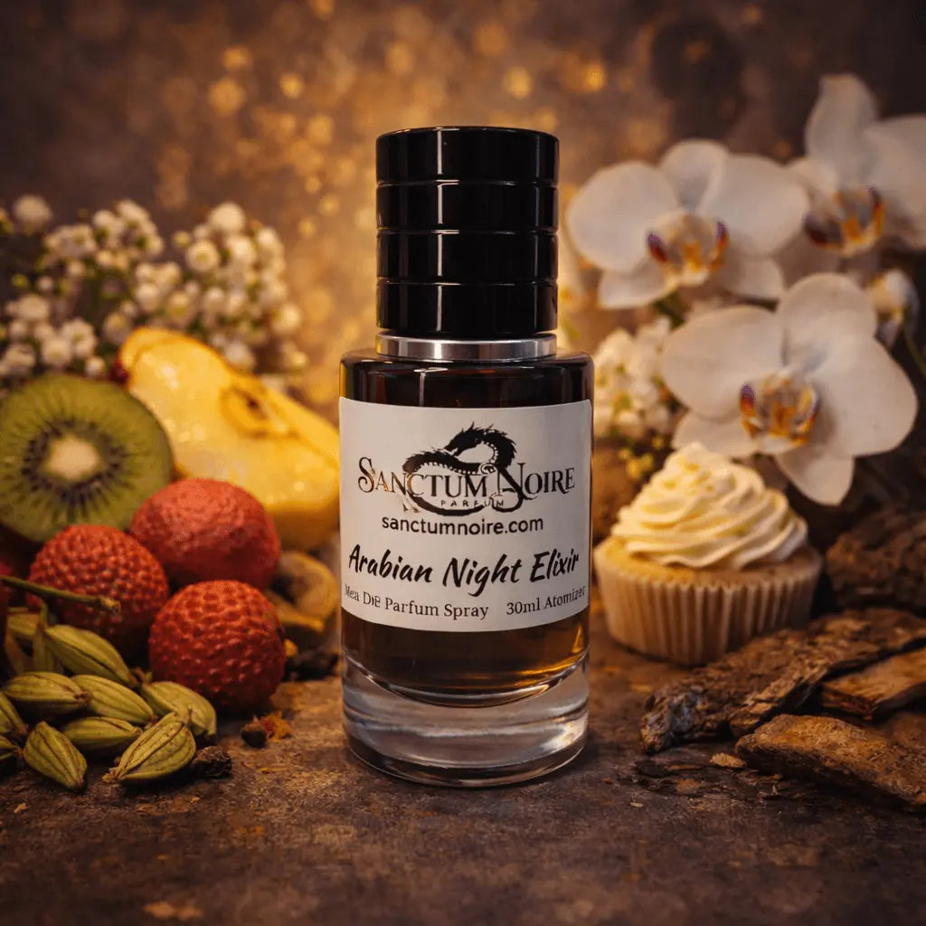 Arabian Night Elixir perfume bottle with exotic fruits, flowers, and dessert backdrop.