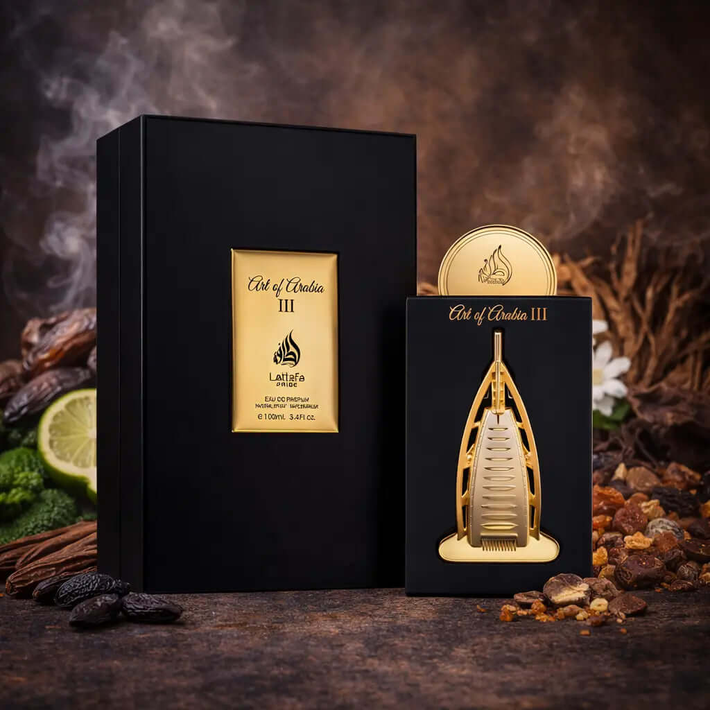 LATTAFA ART OF ARABIA III Black and gold perfume bottle with packaging on a dark background, Art Of Arabia III Lattafa Pride