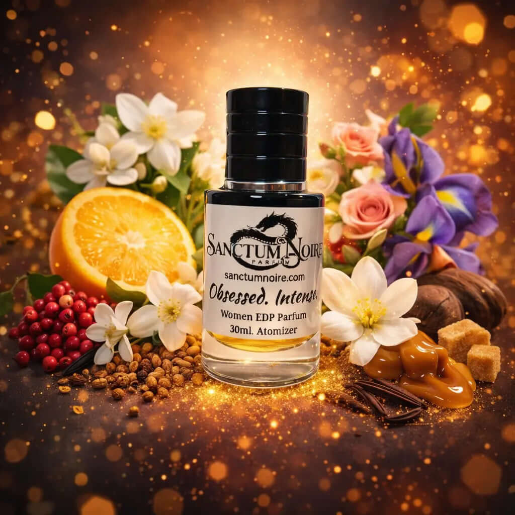 Obsessed Intense Sanctum Noire Unisex Parfum Intense Aromatic Amber Parfum Bold florals. Sparkling spice. Warm gourmand allure is an amber floral fragrance