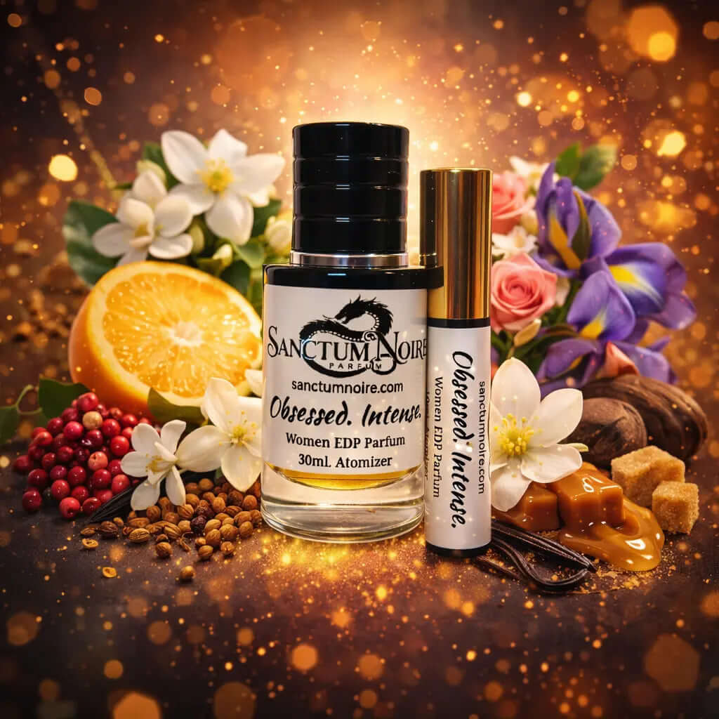 Obsessed Intense Sanctum Noire Unisex Parfum Intense Aromatic Amber Parfum Bold florals. Sparkling spice. Warm gourmand allure is an amber floral fragrance