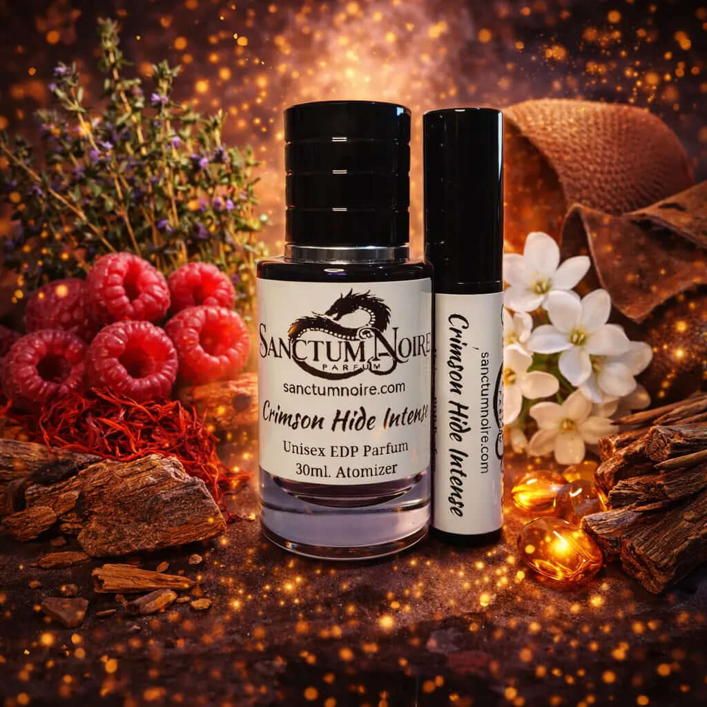 Crimson Hide Intense Sanctum Noire Unisex Floral Fruity Leather Parfum A velvet sting. Fruity heat Leather that lingers Crimson Hide Intense is a bold leather