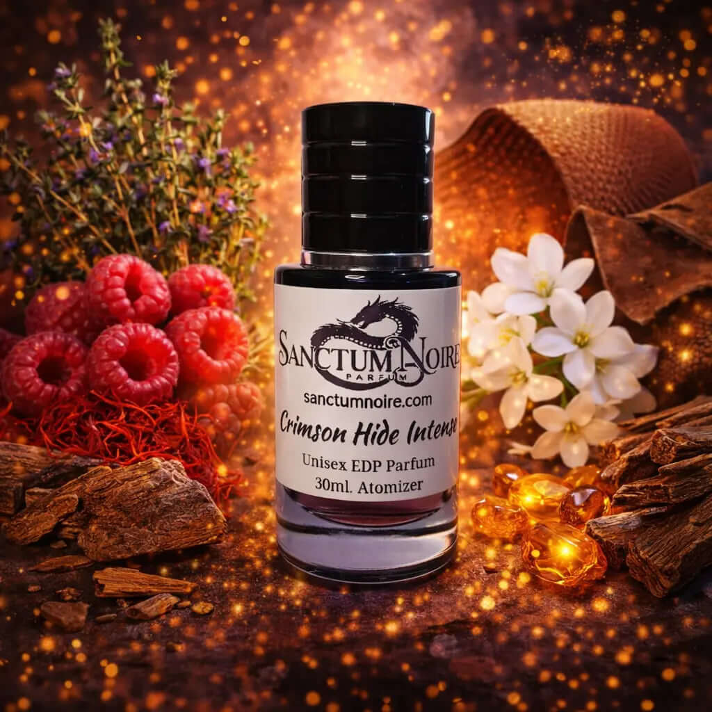 Crimson Hide Intense Sanctum Noire Unisex Floral Fruity Leather Parfum A velvet sting. Fruity heat Leather that lingers Crimson Hide Intense is a bold leather