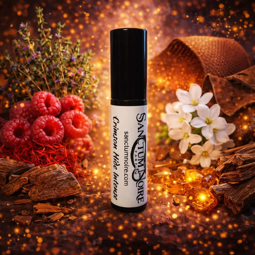 Crimson Hide Intense Sanctum Noire Unisex Floral Fruity Leather Parfum A velvet sting. Fruity heat Leather that lingers Crimson Hide Intense is a bold leather