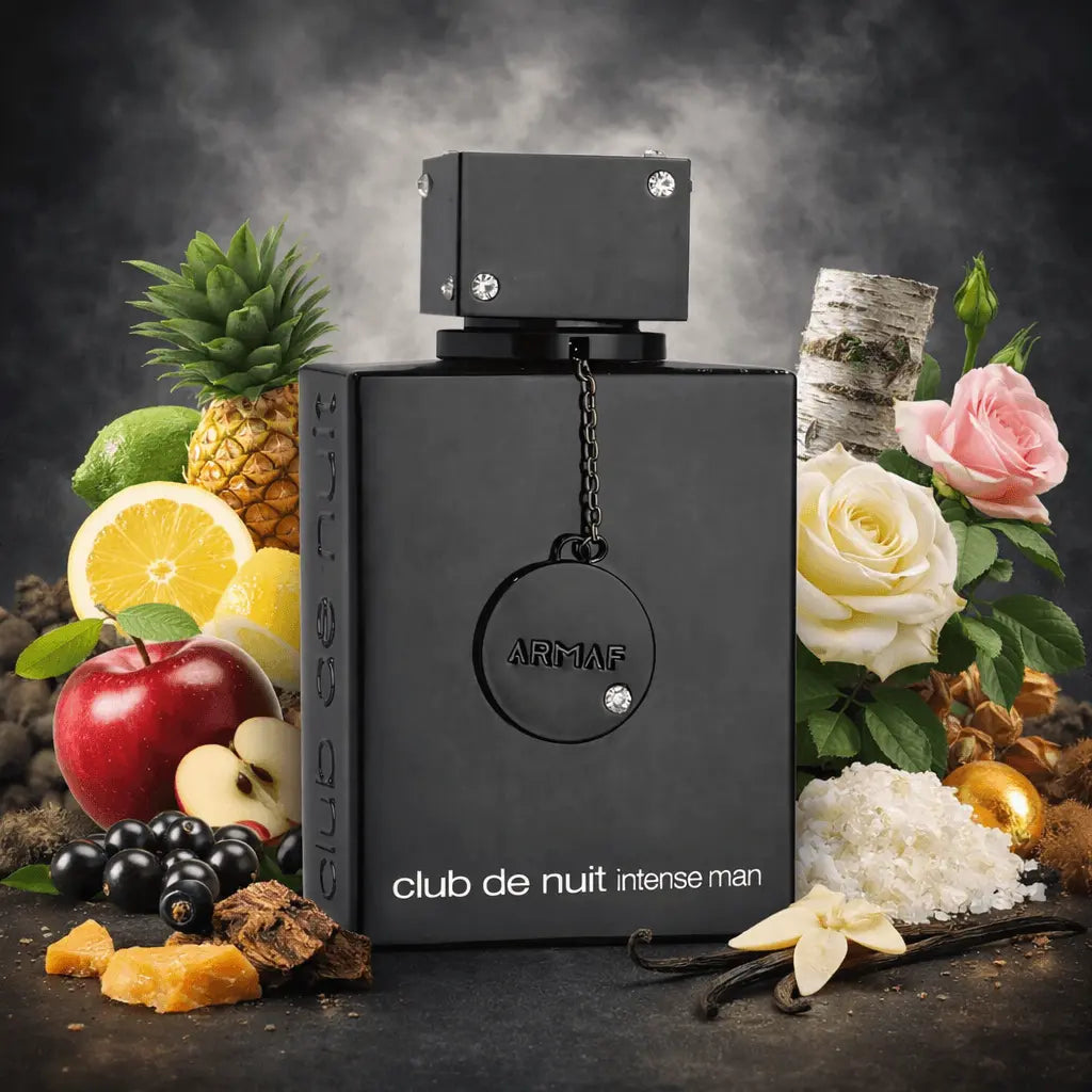 Black Armaf Club de Nuit Intense Man perfume bottle surrounded by fruits, flowers, and spices on a dark background Club de Nuit Intense Man Armaf