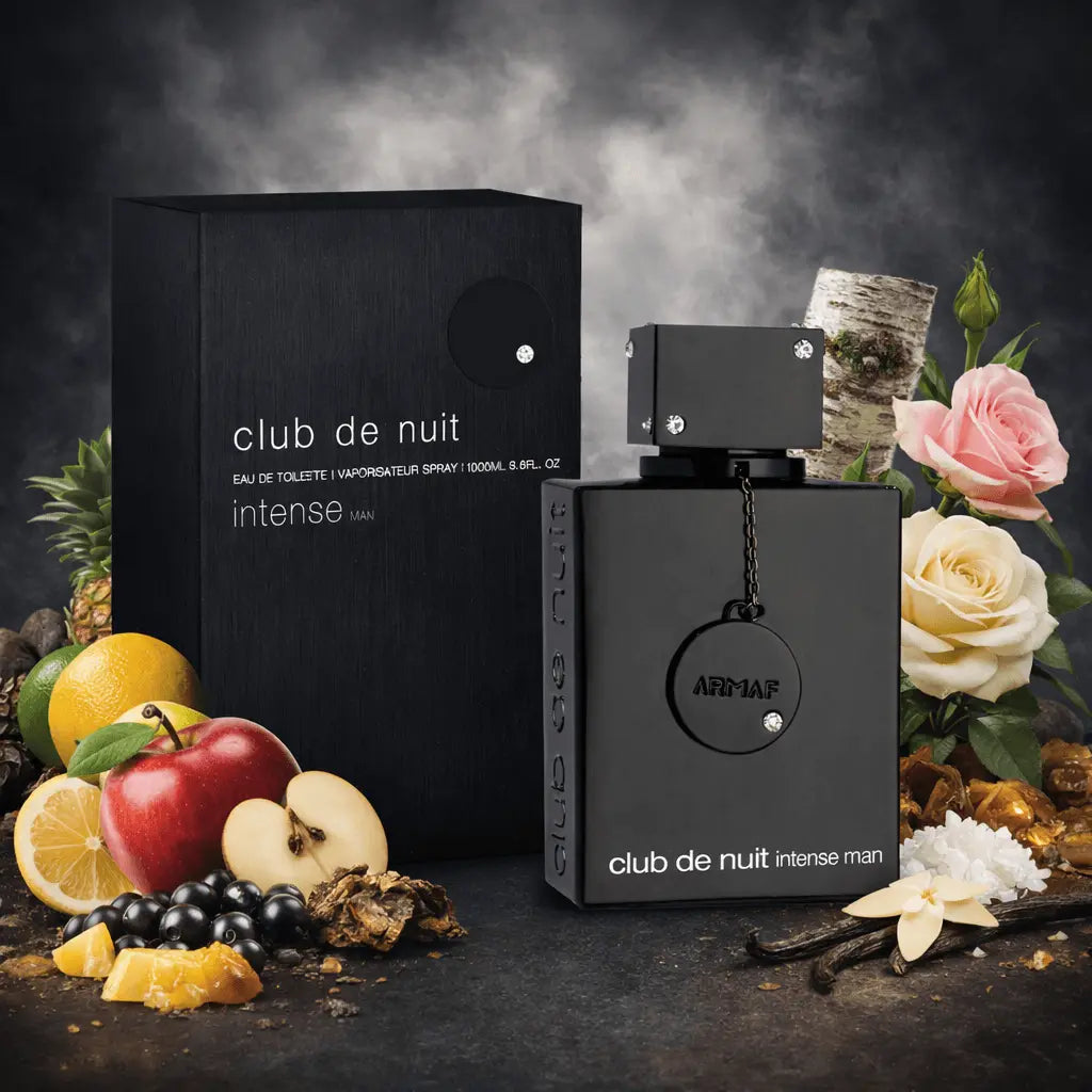 Black Armaf Club de Nuit Intense Man perfume bottle surrounded by fruits, flowers, and spices on a dark background Club de Nuit Intense Man Armaf