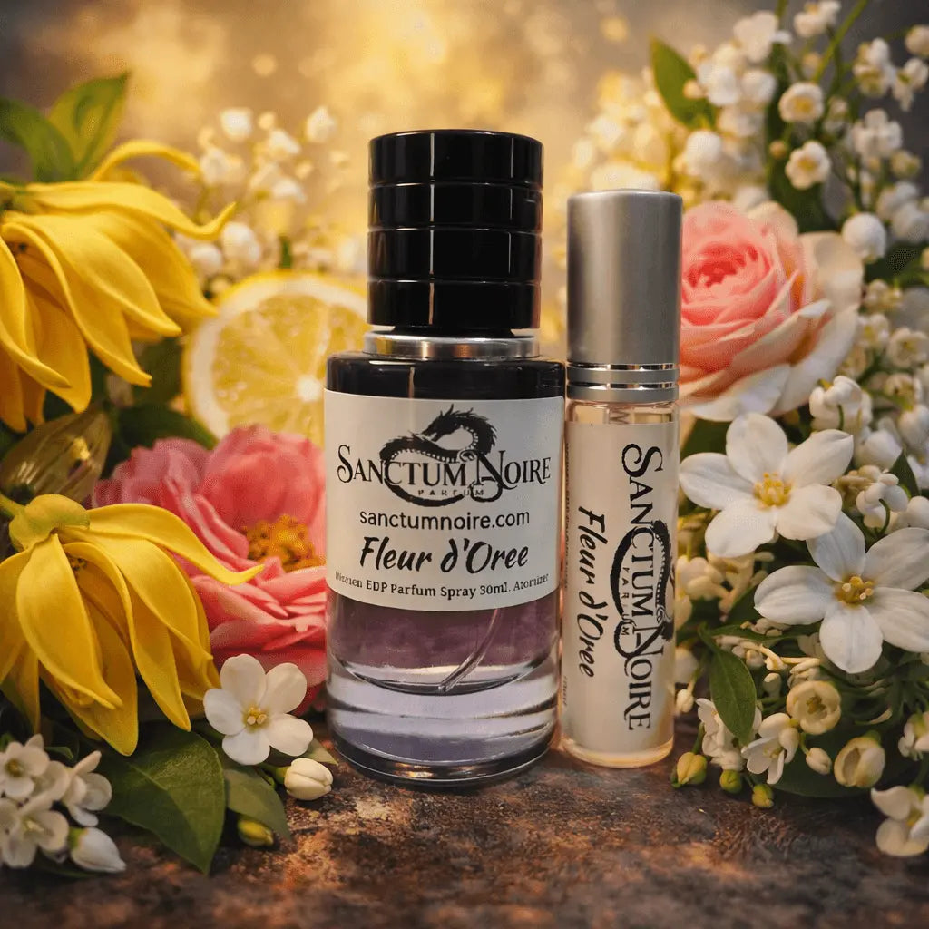 Fleur d'Orée Eau de Parfum by Sanctum Noire, showcasing floral notes and elegance, surrounded by vibrant flowers.