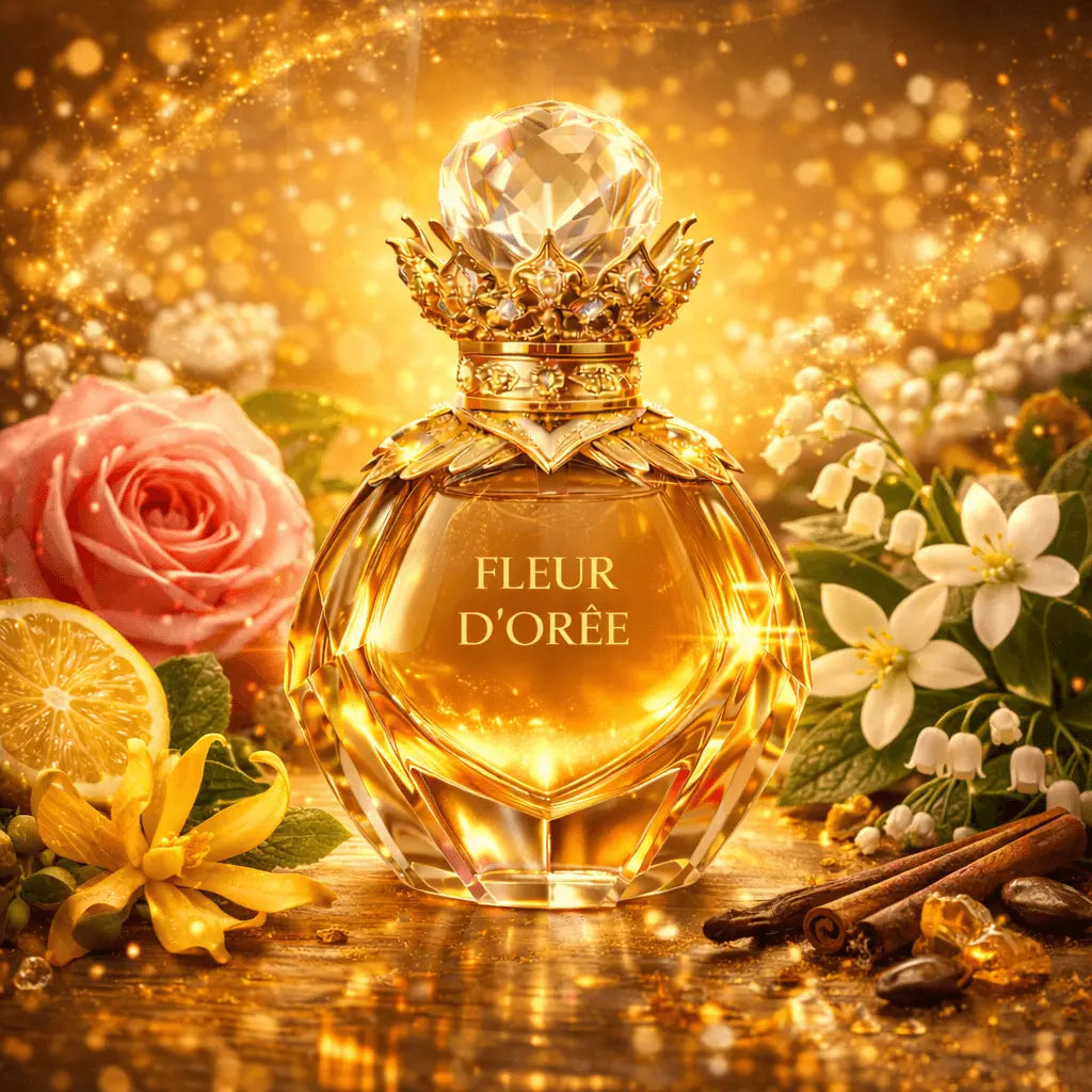 Fleur d'Orée Eau de Parfum bottle surrounded by flowers and citrus, embodying elegance and floral femininity.