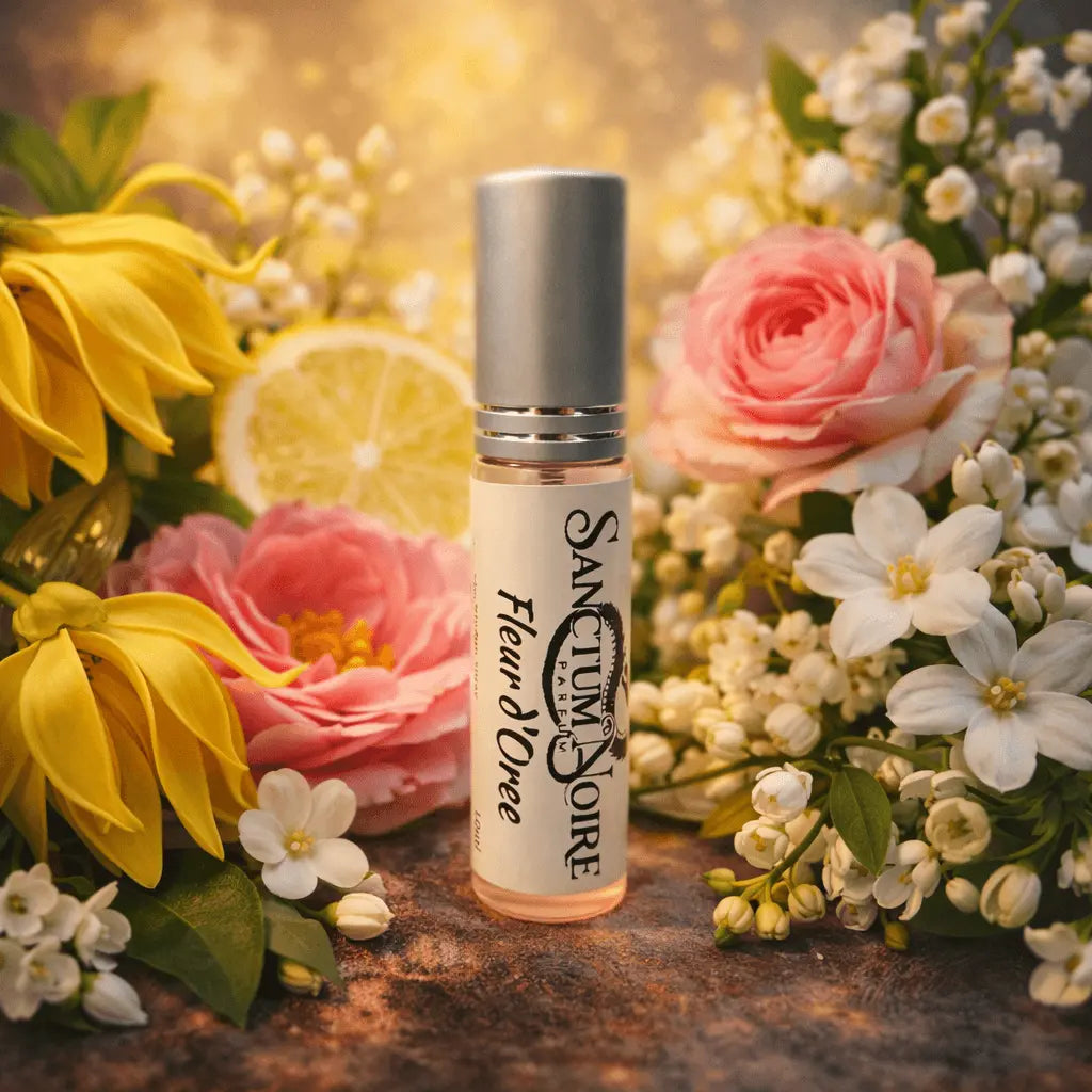 Fleur d'Orée Eau de Parfum bottle surrounded by flowers and citrus, embodying elegance and floral femininity.