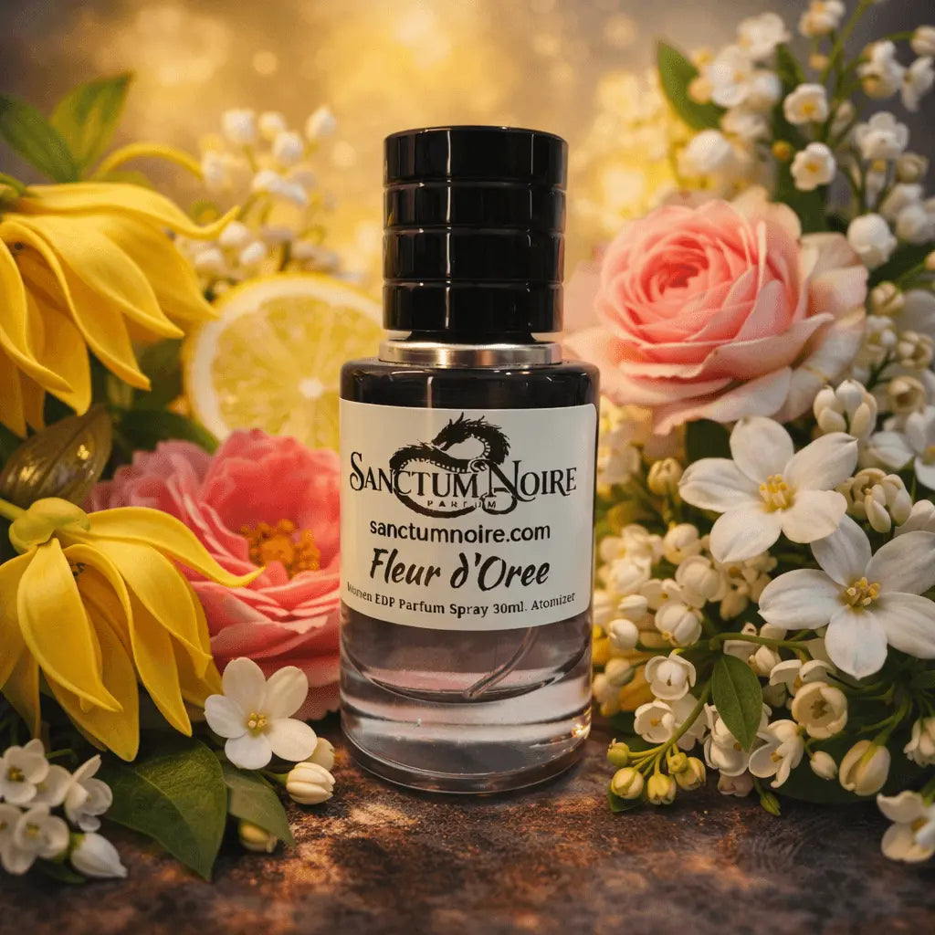 Fleur d'Orée Eau de Parfum by Sanctum Noire surrounded by vibrant flowers and citrus, highlighting floral femininity.
