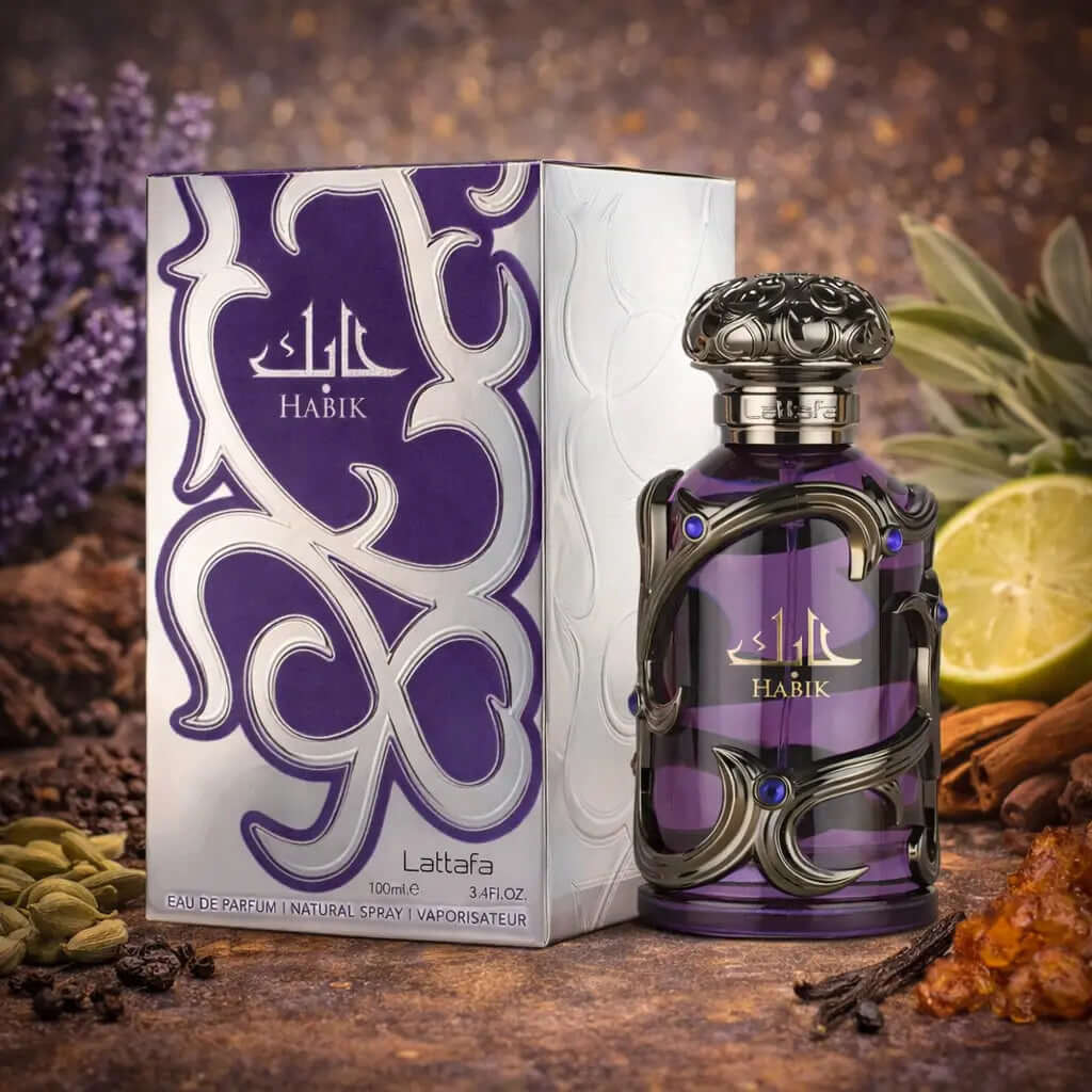 LATTAFA HABIK FOR MEN Purple Habik perfume bottle and packaging on a rustic background with spices and herbs.
