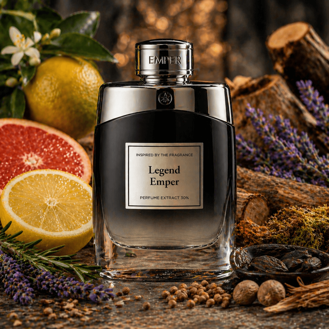 Perfume bottle labeled 'Legend Emper' surrounded by fruits, herbs, and wood on a dark background