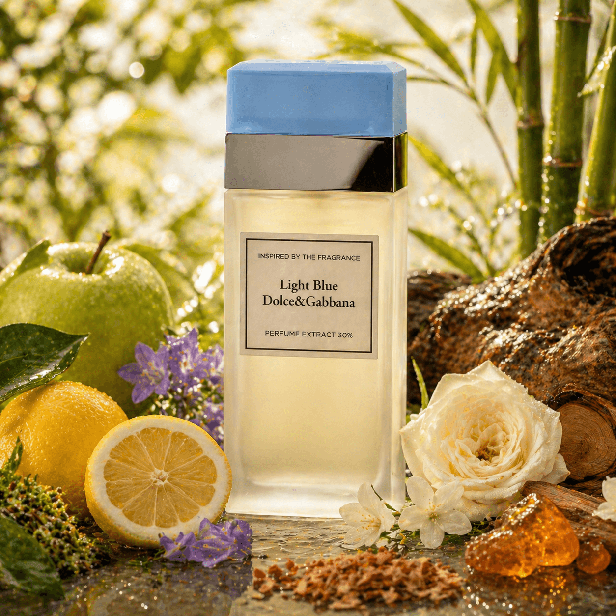 Dolce&Gabbana Light Blue perfume bottle with natural elements like apples, lemons, and flowers.