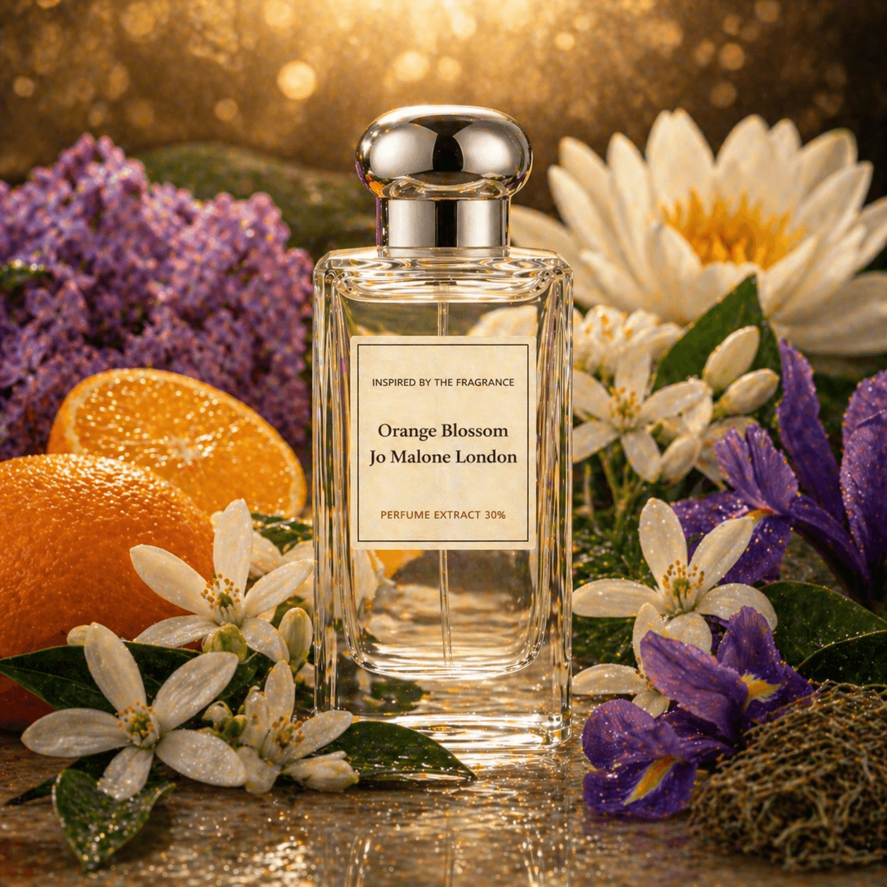 Jo Malone Orange Blossom perfume bottle surrounded by flowers and fruits on a reflective surface.