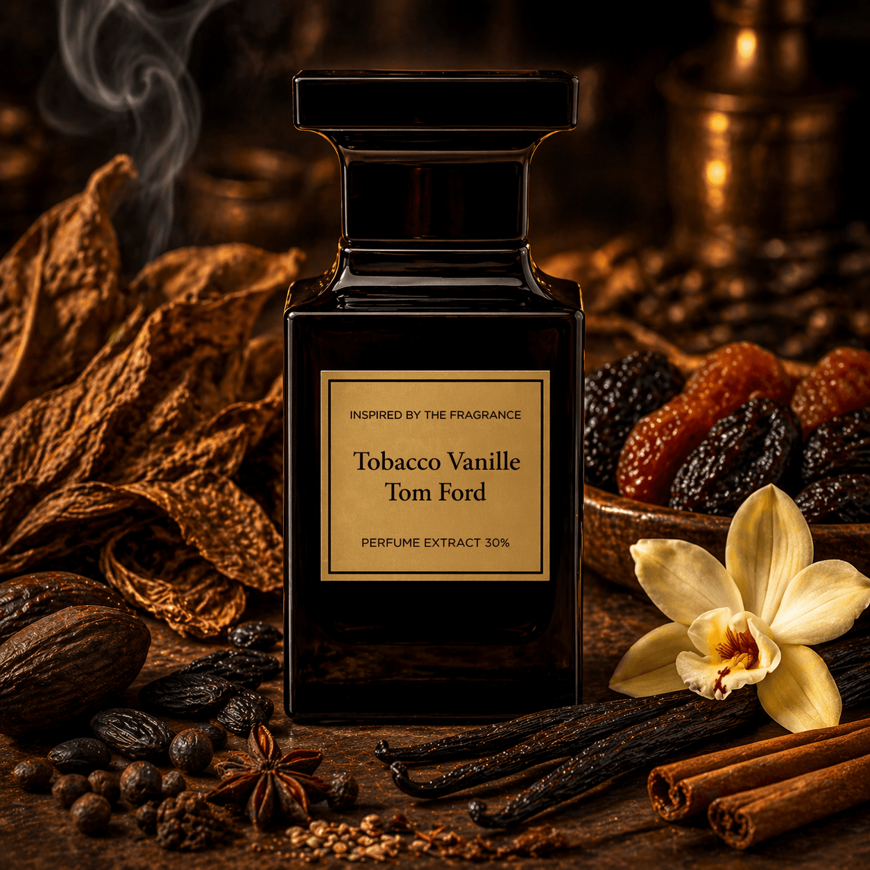 Tom Ford Tobacco Vanille perfume bottle surrounded by vanilla beans, cinnamon sticks, and dried fruits on a dark background.