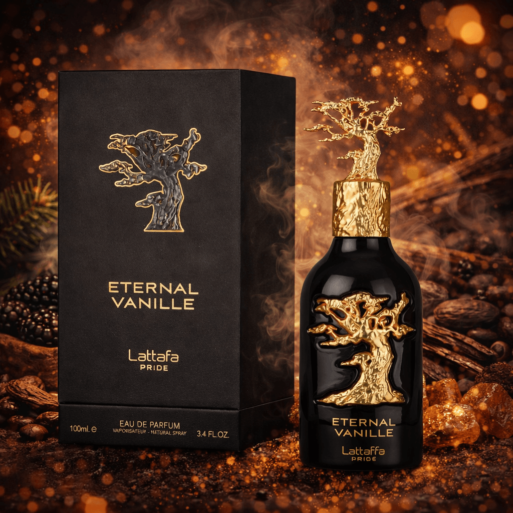 LATTAFA Ethernal Vanilie Woody Aromatic Parfum Men Gourmand Dark berries. Velvet cacao. Smoky vanilla woods is a modern woody gourmand fragrance