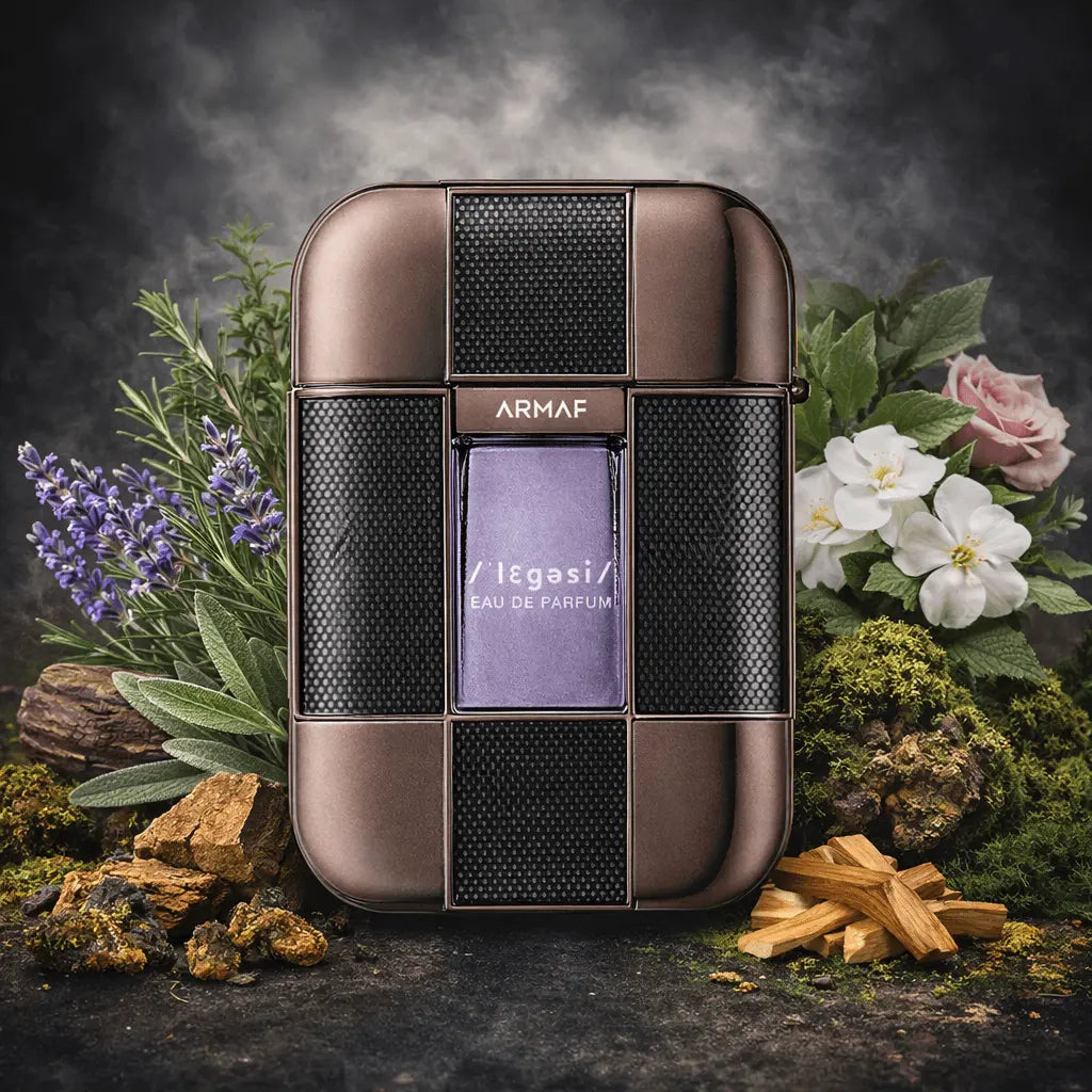 Armaf perfume bottle with natural elements like flowers and rocks in the background Legasi For Men Armaf