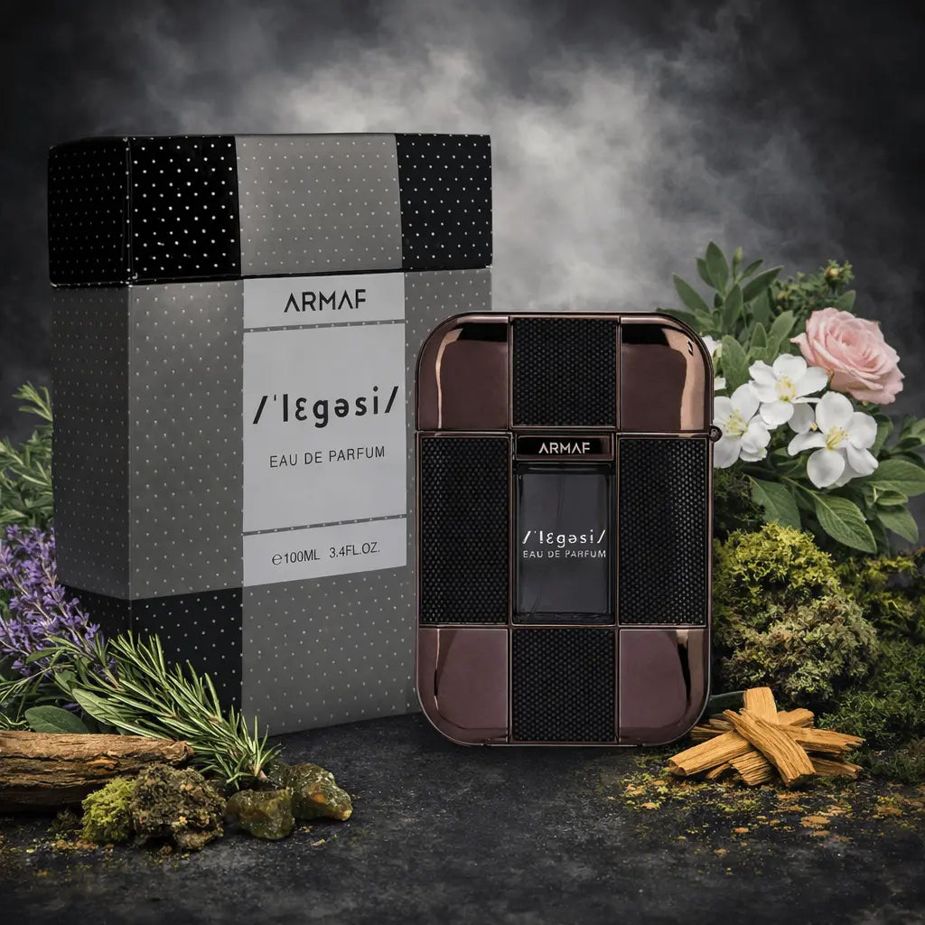 Armaf perfume bottle with natural elements like flowers and rocks in the background Legasi For Men Armaf