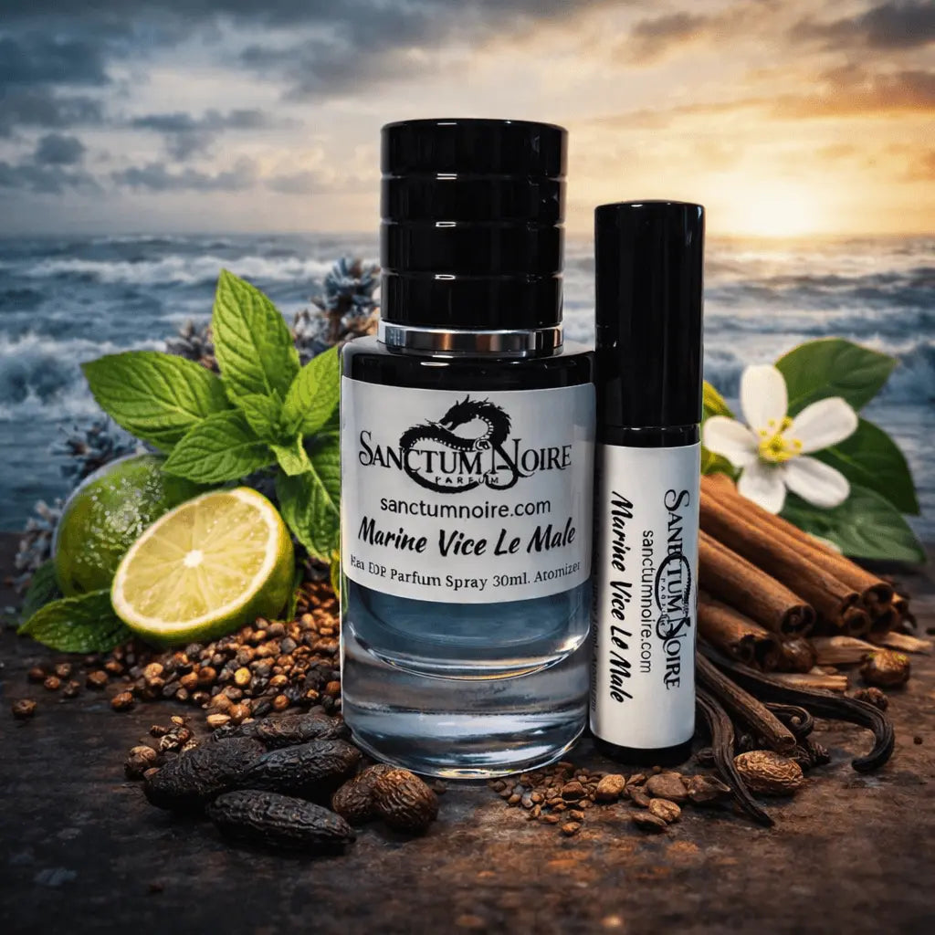 Perfume bottle labeled 'Marine Vice Le Male' with ocean and sunset background