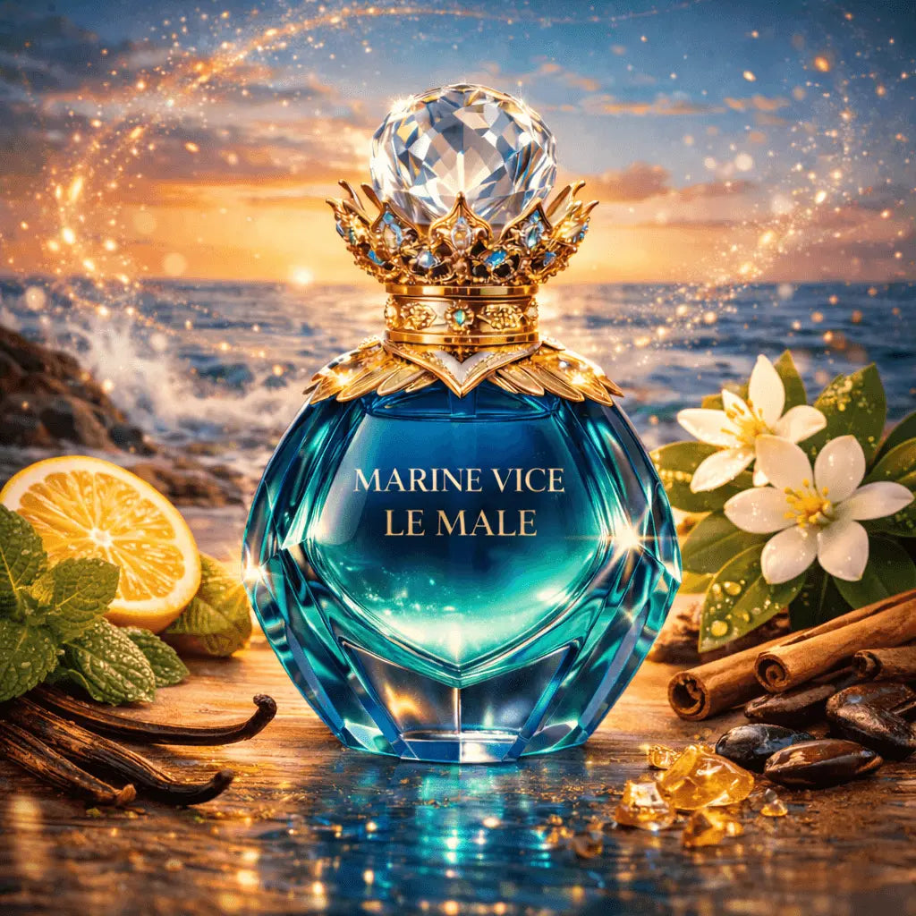 Perfume bottle labeled 'Marine Vice Le Male' with ocean and sunset background