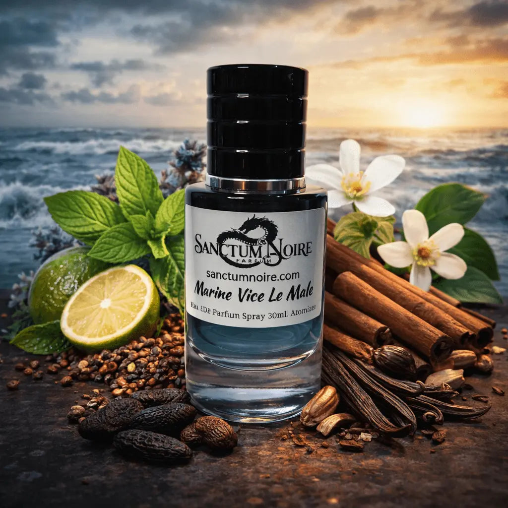 Perfume bottle labeled 'Marine Vice Le Male' with ocean and sunset background