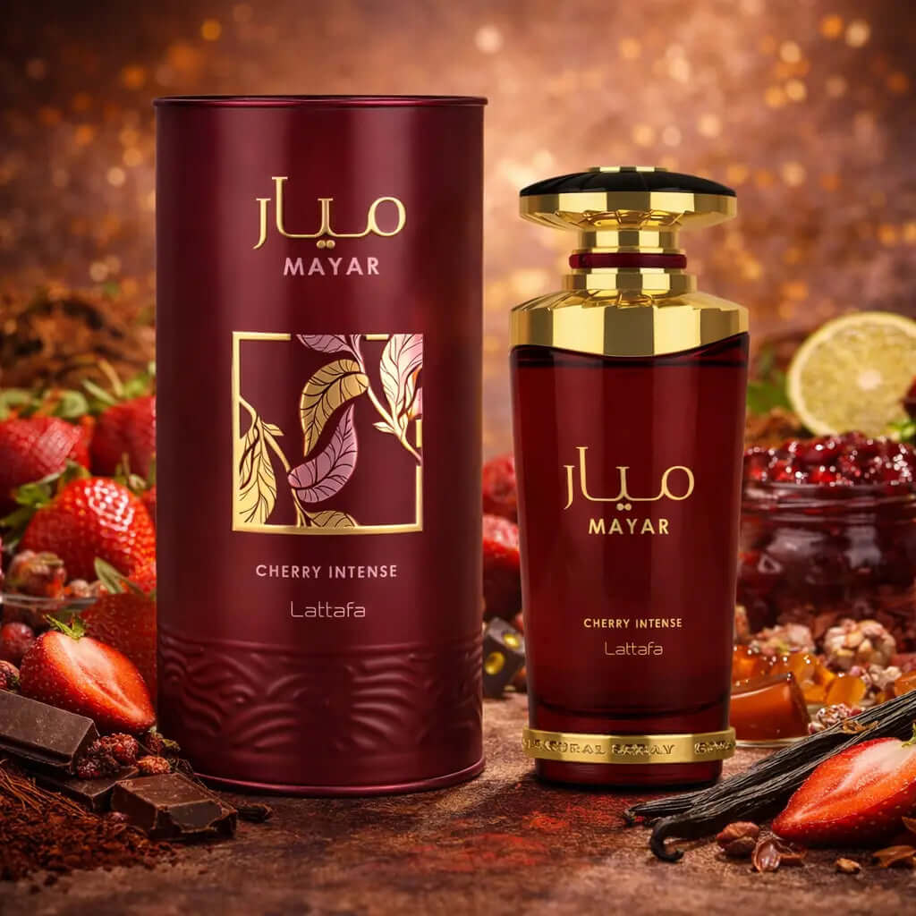 LATTAFA Mayar Cherry Intense Women Fruity Sweet Gourmand Juicy temptation. Dark cherry indulgence Velvet sweetness Mayar is a bold fruity-gourmand fragrance