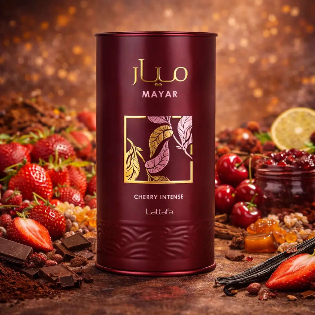 LATTAFA Mayar Cherry Intense perfume bottle surrounded by fruits and chocolate on a warm background