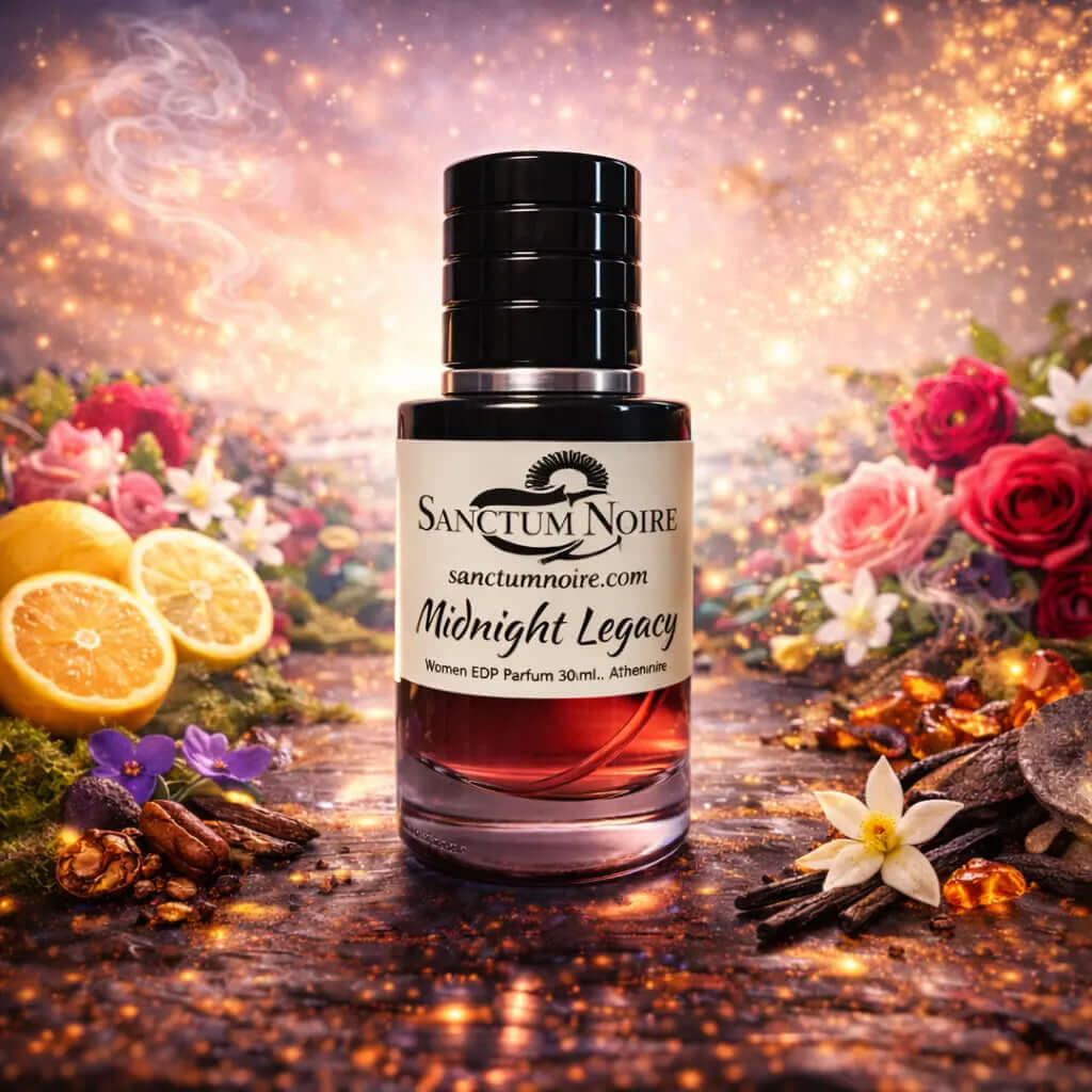 Midnight Legacy Sanctum Noire Women Amber Woody Floral citrus rose amber comfort Midnight Legacy channels the gourmand-amber  of a high-end Oriental floral