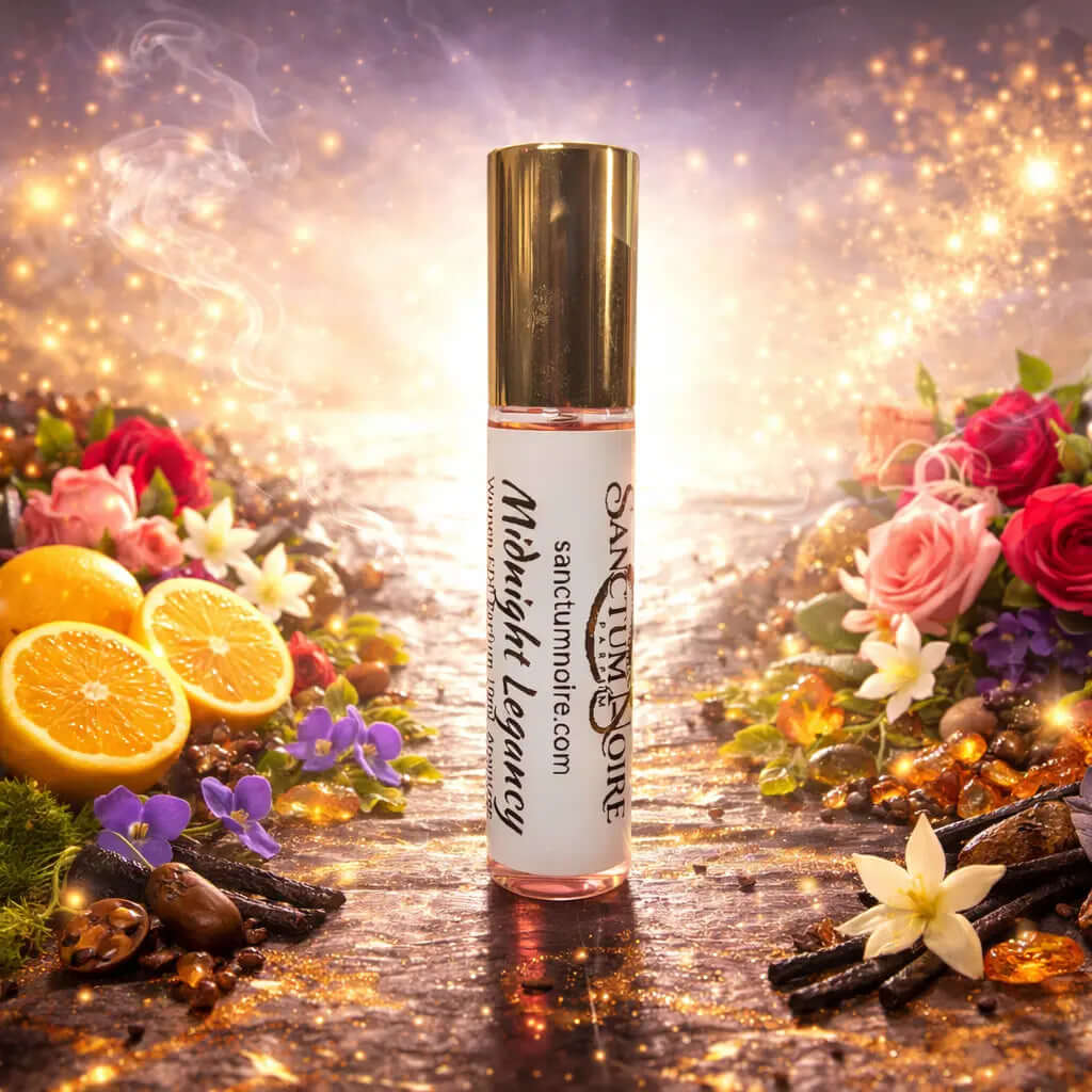 Blue perfume bottle labeled 'Midnight Legacy' with floral and fruit elements on a wooden surface.