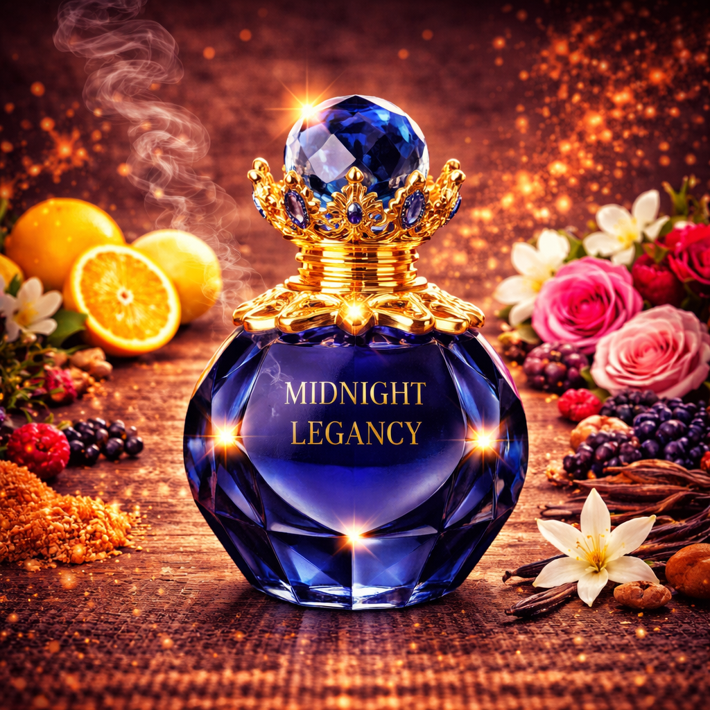 Blue perfume bottle labeled 'Midnight Legacy' with floral and fruit elements on a wooden surface.
