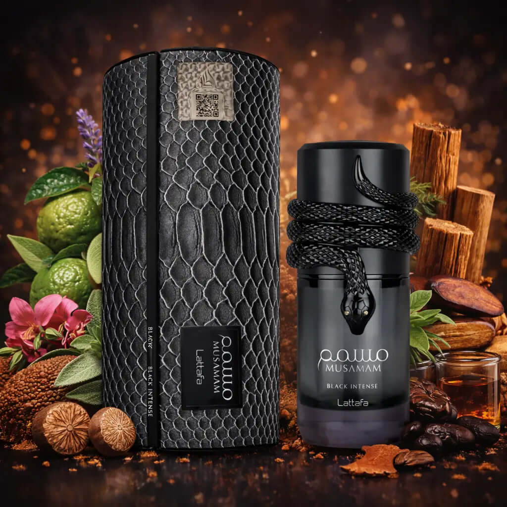 LATTAFA Musamam Black Intense Two black bottles with snake design on a rustic background with spices and plants, Musamam Black Intense Lattafa Pride