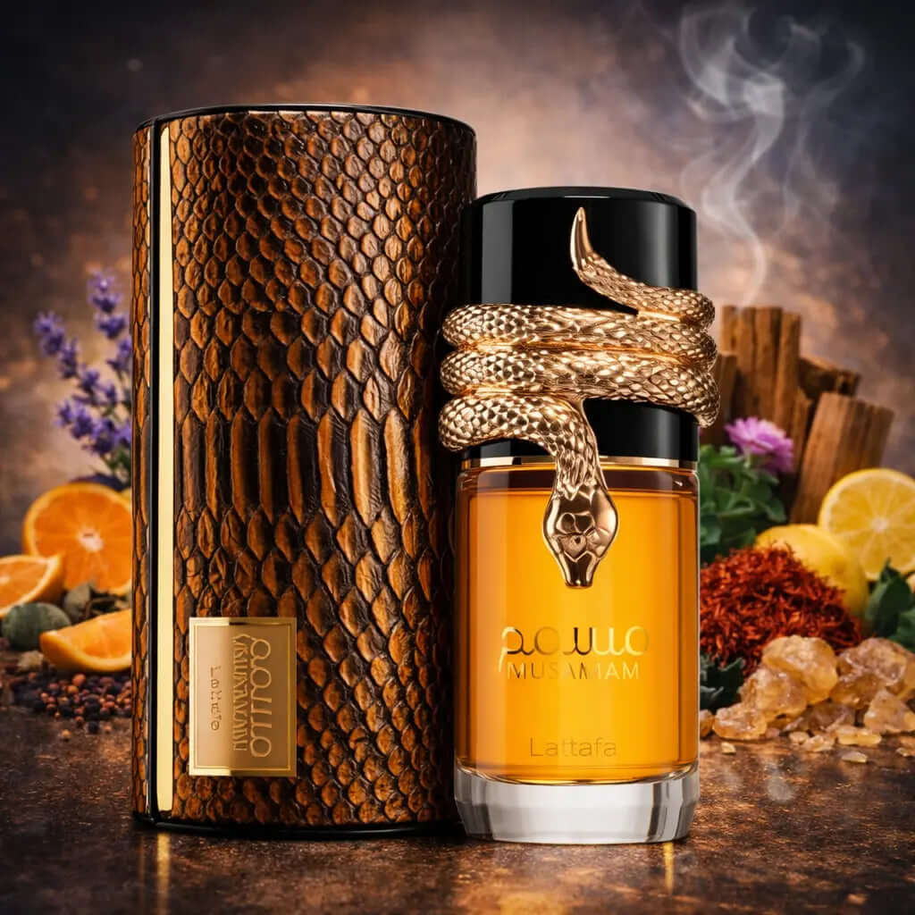 LATTAFA Musamam Perfume bottle with snake design and decorative packaging on a rustic background, Musamam Lattafa Pride