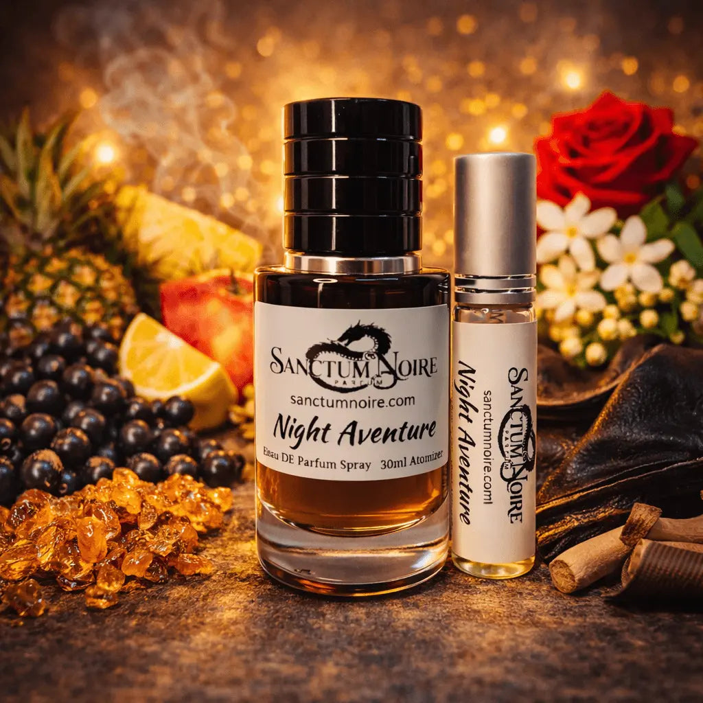 Night Aventure perfume bottle and spray with fruits and flowers, embodying luxury and sophistication.