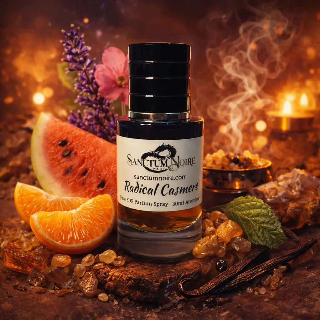 Perfume bottle labeled 'Sanctum Noire Radical Casmere' with fruit and herbs on a warm-toned background