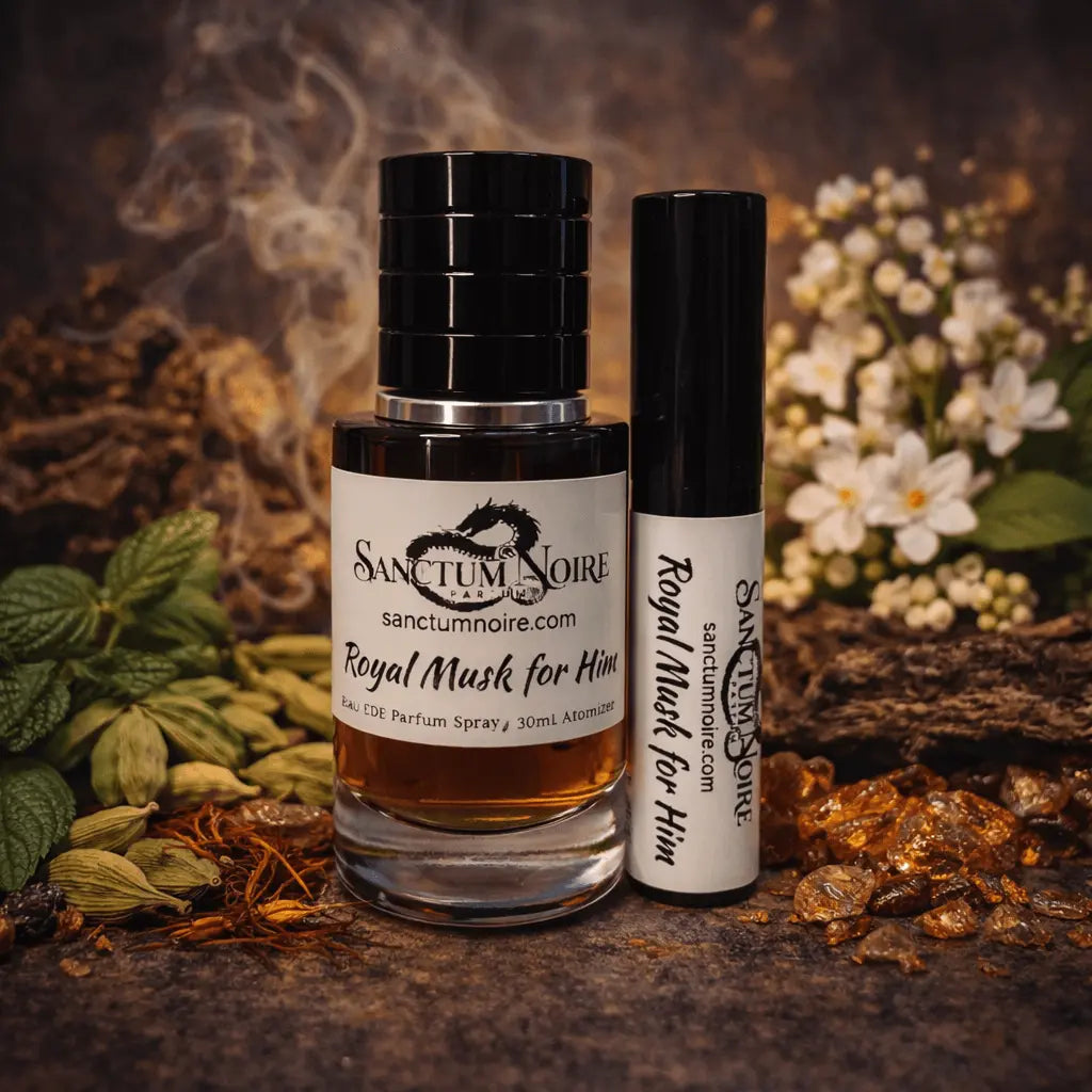 Royal Musk For Him perfume bottle and atomizer on a rustic background with floral accents.