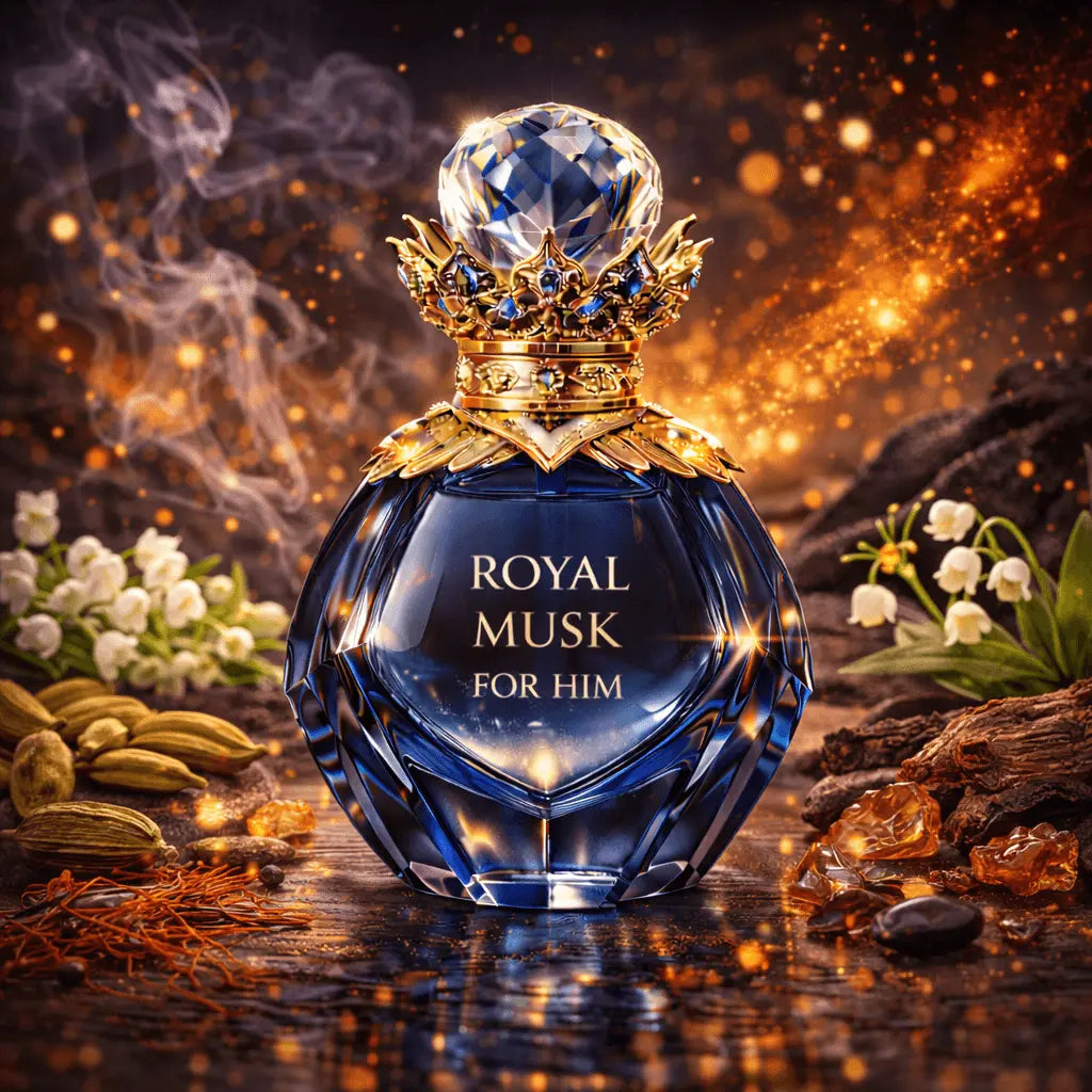 Royal Musk For Him perfume bottle, floral aromatic fragrance, luxurious design, SANCTUM NOIRE