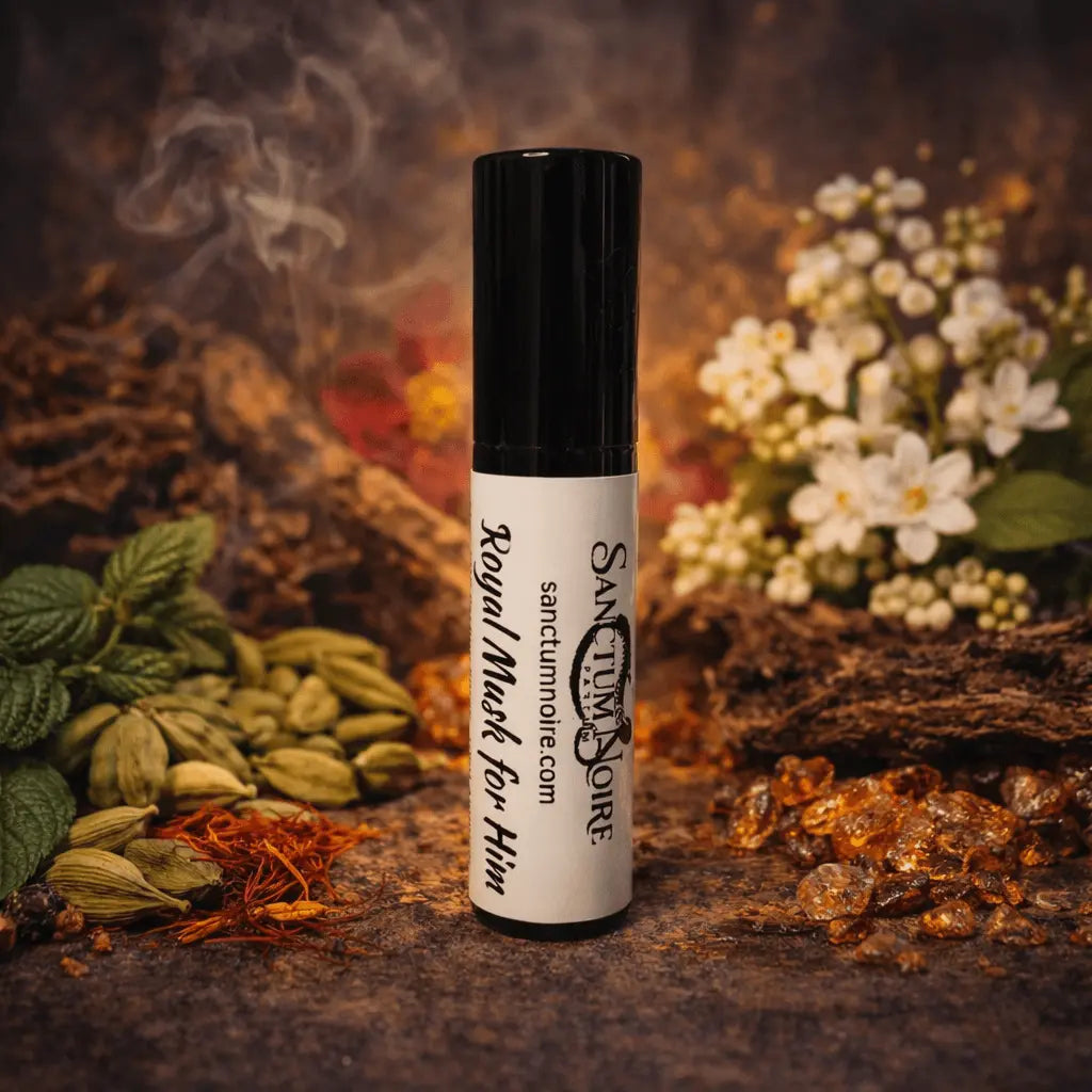 Royal Musk For Him perfume bottle, floral aromatic fragrance, luxurious design, SANCTUM NOIRE
