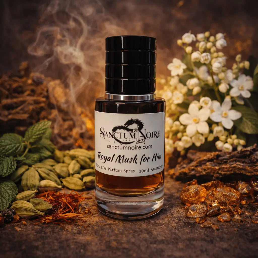 Royal Musk For Him Eau de Parfum by Sanctum Noire, showcasing floral and aromatic notes for men.