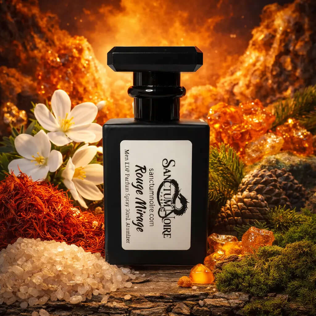 SANCTUM NOIRE PERFUMES – ROUGE MIRAGE Unisex Oriental Floral Crimson intensity. Golden warmth. Hypnotic elegance. Rouge Mirage is a luminous oriental-floral.