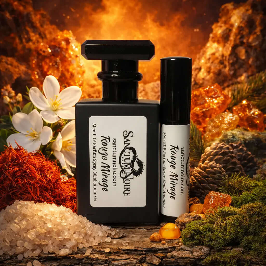 SANCTUM NOIRE PERFUMES – ROUGE MIRAGE Unisex Oriental Floral Crimson intensity. Golden warmth. Hypnotic elegance. Rouge Mirage is a luminous oriental-floral.