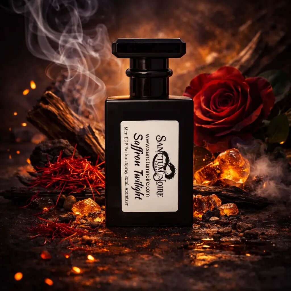 Perfume bottle labeled 'Saffron Twilight' with red roses and saffron strands on a dark background