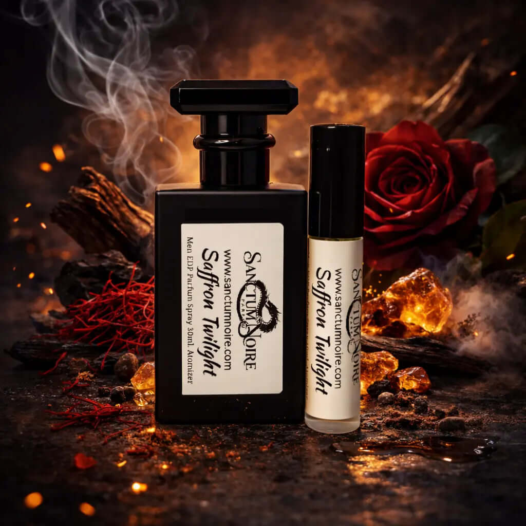 Perfume bottle labeled 'Saffron Twilight' with red roses and saffron strands on a dark background
