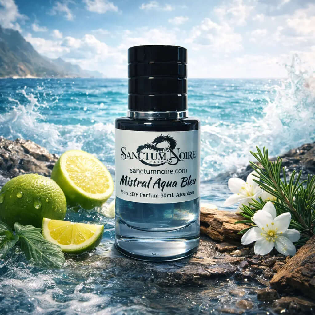 SANCTUM NOIRE Mistral Aqua Bleu Men Fresh Woody Aquatic Ocean breeze Crisp citrus Modern depth Mistral Aqua Bleu is a refreshing aquatic-woody fragrance