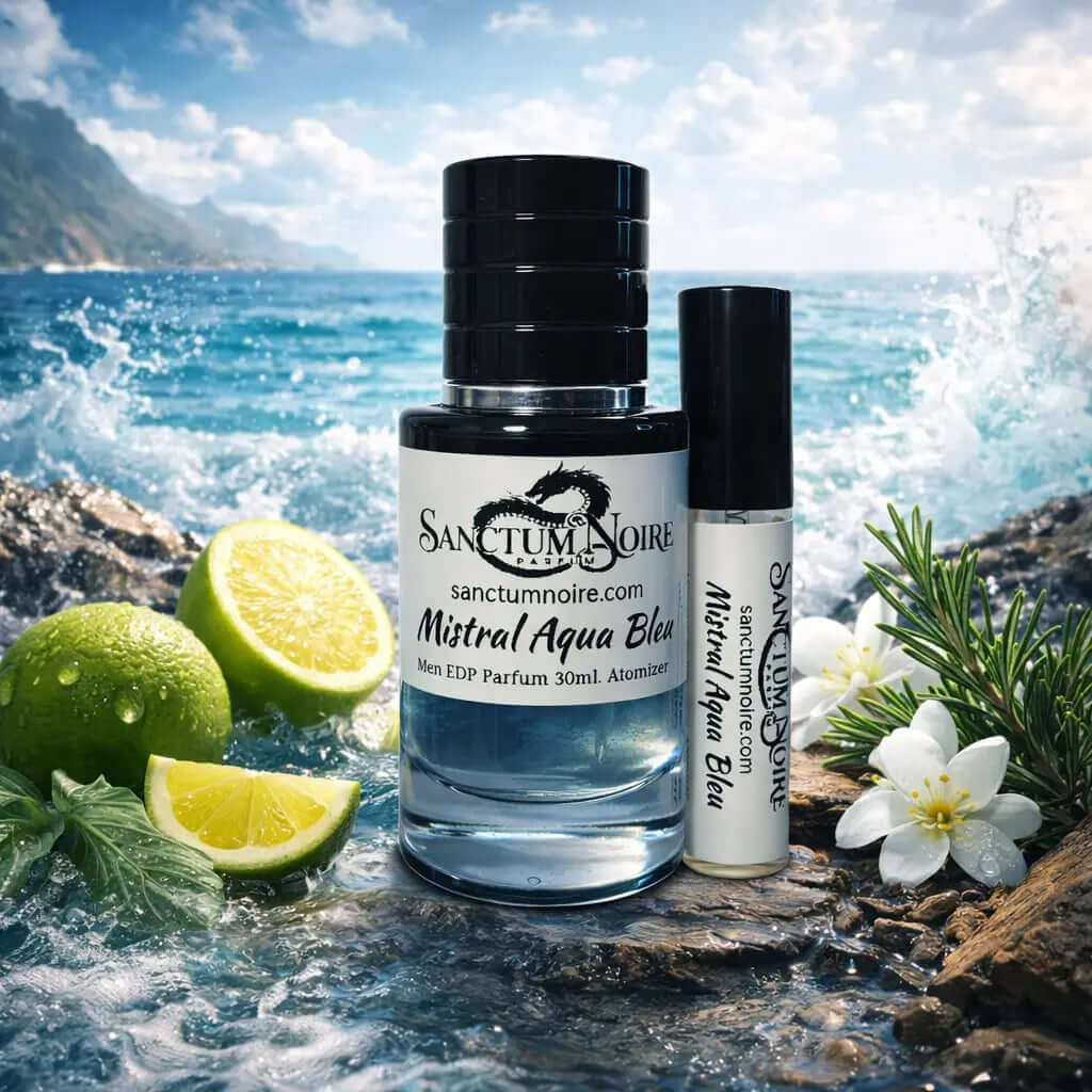 SANCTUM NOIRE Mistral Aqua Bleu Men Fresh Woody Aquatic Ocean breeze Crisp citrus Modern depth Mistral Aqua Bleu is a refreshing aquatic-woody fragrance